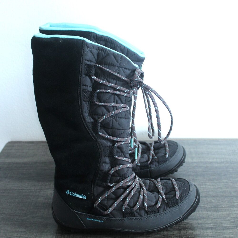 Columbia Girls Black & Blue Omni-Heat Mid Calf Lace Up Winter Snow Boots Size 2